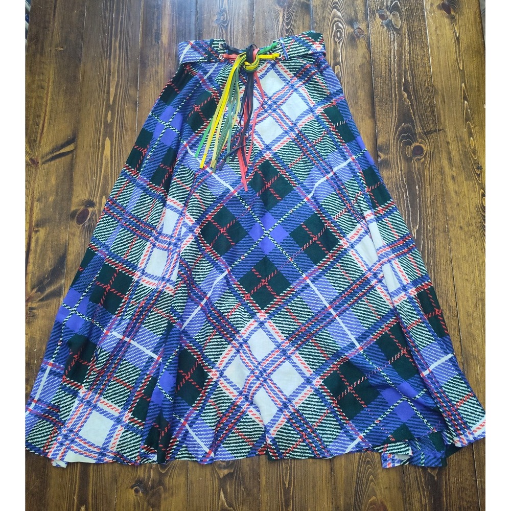 Vintage Plaid A-line Midi Skirt Size 8 Tassle Belt 25 Inch Waist Blue Yellow Red